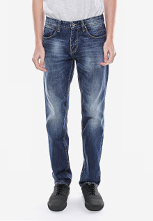Slim Fit - Jeans Premium - Biru - Aksen Washed - Detail Whisker