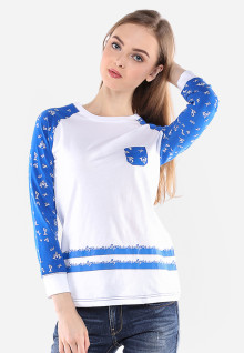 Regular Fit - Kaos Wanita - Putih - Lengan Biru