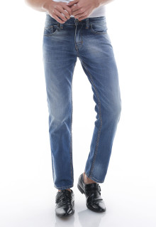 Slim Fit - Jeans Panjang - Aksen Washed - Whiskers - Biru