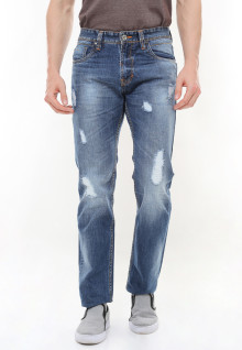 Slim Fit - Jeans Premium - Motif Destroy - Washed - Biru