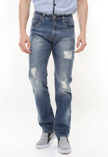 Slim Fit - Jeans Premium - Aksen Washed - Ripped Details - Biru
