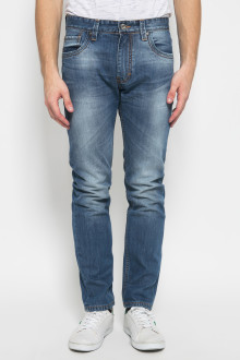 Slim Fit - Celana Jeans Panjang - Aksen Washed - Biru
