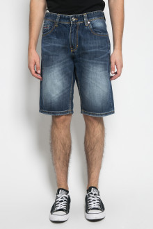 Slim Fit - Jeans Bermuda - Aksen Washed - Whisker -Dark Blue