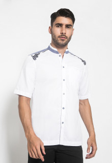 LGS - Slim Fit - Baju Koko - Lengan Pendek - Bordir Bulat Navy - Putih