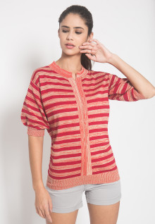 Slim Fit - Sweater Wanita - Motif Salur - Merah/Putih- Lengan Pendek