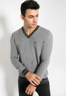 Sweater - Kerah Vneck - Aksen Ring - Abu