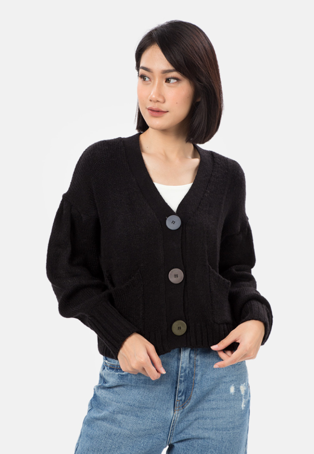Colourfull Big Button Knit Cardigan in Black