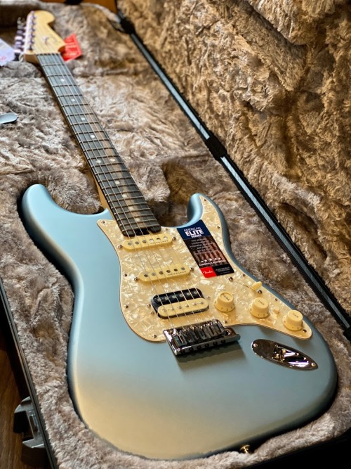 make worse Intend width Fender American Elite Stratocaster HSS Shawbucker with Ebony FB in Satin  Ice Blue Metallic