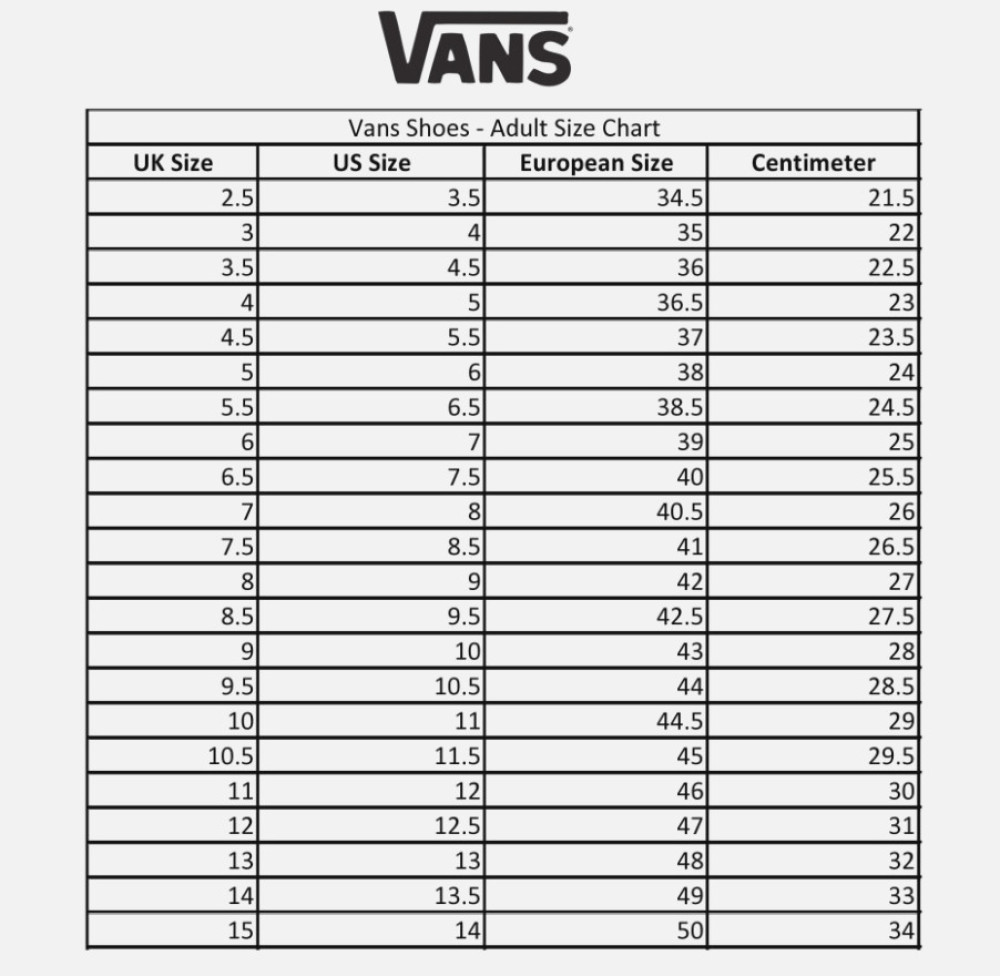 vans shoe size chart us